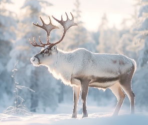 Zima, Ośnieżone, Krzewy, Drzewa, Renifer