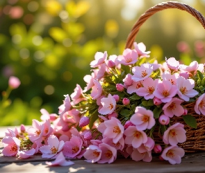 Deski, Koszyk, Drobne, Różowe, Kwiaty, Wiklinowy