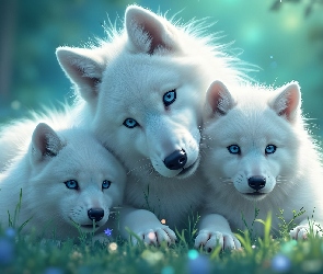 Wilki, Białe, Wilk, Rośliny, Młode, Grafika, Dwa