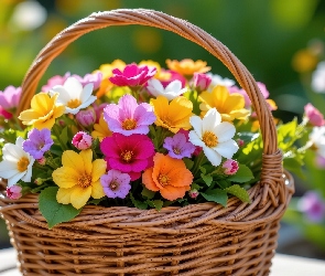 Rozwinięte, Koszyk, Wiklinowy, Kwiaty, Kolorowe