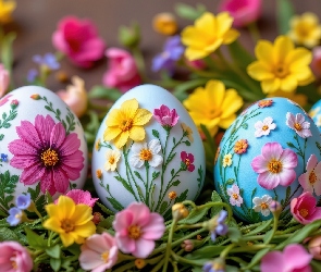 Różowe, Żółte, Kolorowe, Wielkanoc, Pisanki, Kwiaty
