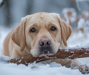 Śnieg, Labrador retriever, Leżący, Pies