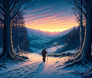 Droga, Drzewa, Góry, Człowiek, Zima