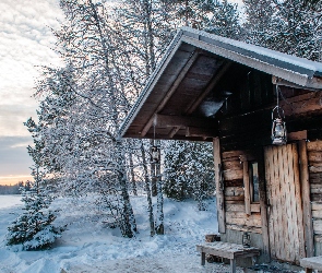 Finlandia, Zima, Drzewa, Śnieg, Jezioro Payanne, Ośnieżone, Lemmoncarks, Budowla, Sauna
