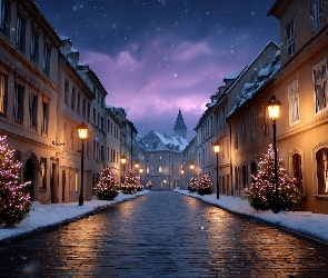 Latarnie, Oświetlone, Domy, ZIma, Choinki, Boże Narodzenie, Ulica