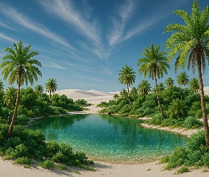 Palmy, Woda, Pustynia, Oaza