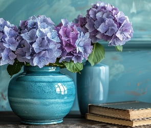 Fioletowe, Książki, Wazony, Hortensje, Kwiaty