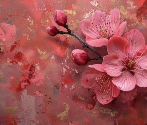 Różowe, Grafika, Drzewo owocowe, Gałąź, Kwiaty