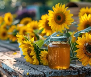 Ławka, Słoneczniki ozdobne, Słoik, Miód