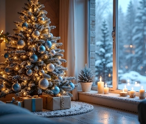 Prezenty, Okno, Kominek, Choinka, Boże Narodzenie