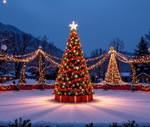 Boże Narodzenie, Prezenty, Choinka, Zima, Lodowisko, Światełka