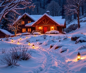 Las, Lampiony, Oświetlenie, Dom, Zima