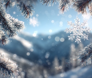 Zima, Grafika AI, Sosna, Gałązki, Śnieżynka