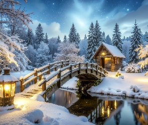 Zima, Drzewa, Las, Śnieg, Ośnieżone, Dom, Rzeka, Most, Lampa