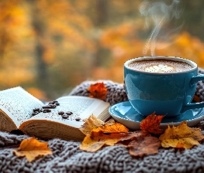 Grafika AI, Liście, Pożółkłe, Szal, Kawa, Filiżanka, Spodek, Książka, Kompozycja, Ziarna