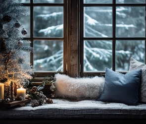 Boże Narodzenie, Bombki, Świeczki, Parapet, Szyszki, Poduszki, Okno, Drzewa, Śnieg
