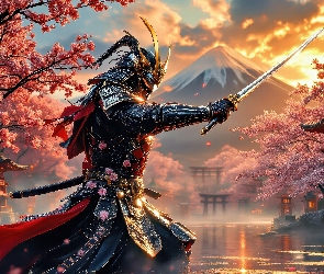 Japoński, Góra, Jezioro, Grafika, Drzewa, Miecz, Wojownik, Samuraj, Zbroja