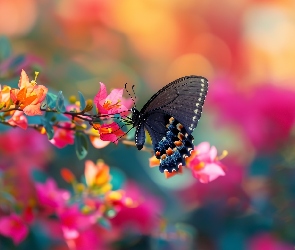 Grafika, Bugenwilla, Motyl, Kwiaty