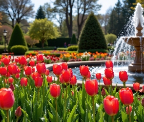 Drzewa, Tulipany, Fontanna, Wiosna, Czerwone, Park, Kwiaty