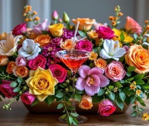 Stół, Drink, Bukiet, Kwiaty