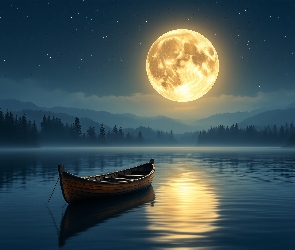 Księżyc, AI, Jezioro, Łódka, Noc