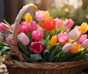 Kosz, Tulipany, Kwiaty, Kolorowe