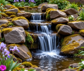 Ogród, Kwiaty, Kaskada, Kamienie