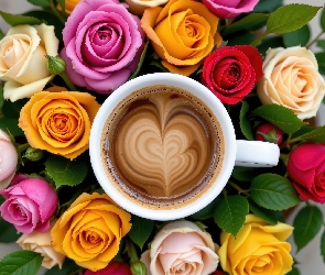 Róże, Kolorowe, Filiżanka, Kawa