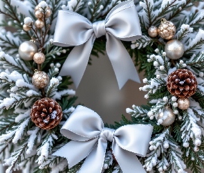 Wianek, Szyszki, Boże Narodzenie, Ośnieżone, Bombki, Gałązki, AI, Kokardy