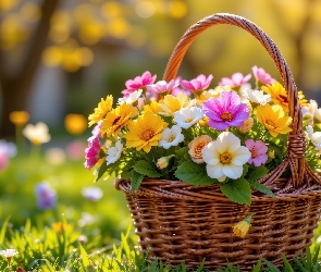 Koszyk, Kolorowe, Bukiet, Kwiaty
