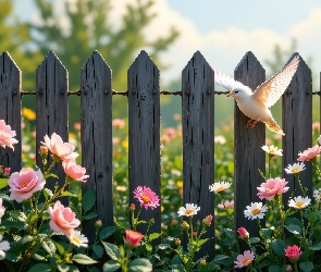 Ptak, Róże, Płot, Kwiaty