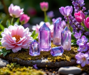 Kwiaty, Piwonia, Kryształy, Tulipany