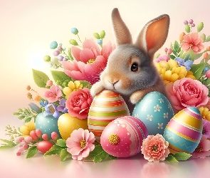 Mały, Kwiaty, Pisanki, Królik, Wielkanoc