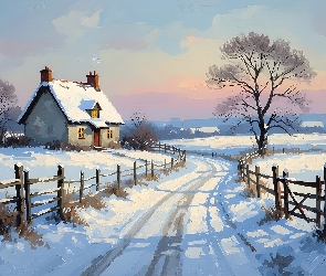 Drzewo, Droga, Ogrodzenie, Dom, Zima