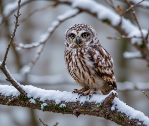 Gałąź, Grafika AI, Zima, Śnieg, Sowa