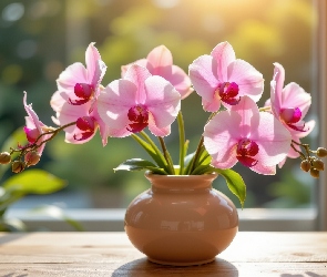 Okno, Wazon, Różowe, Kwiaty, Storczyki, Orchidea