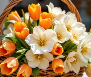 Wiklinowy, Kamelie, Pomarańczowe, Koszyk, Kremowe, Kwiaty, Tulipany