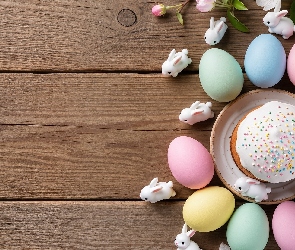 Wielkanoc, Białe, Porcelanowe, Kwiaty, Zajączki, Babka, Kolorowe, Jajka, Ciasto