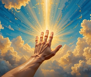 Palce, Religia, Ręka, Dłoń, Promienie, Słońce, Nadzieja, Grafika, Wiara, Dotyk, Komputerowa, Bóg, Chmury, Duchowość
