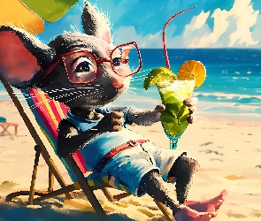 Myszka, Parasol, Śmieszne, Leżak, Plaża, Napój, Grafika, Morze