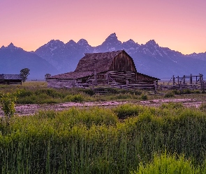 Wyoming, Chata, Stany Zjednoczone, Góry, Ogrodzenie, Park Narodowy Grand Teton, Trawa, Drzewa