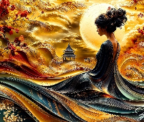 Jesienne, Liście, Kobieta, Słońce, Gałązki, Grafika, Fale