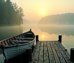 Pomost, Poranek, Mgła, Łódka, Jezioro