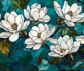 Kwiaty, Białe, Witraż, Magnolia