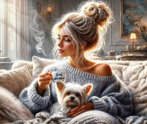 Grafika, Lampy, Okno, Filiżanka, Pies, Dziewczyna, Pokój, Sofa, Blondynka, Poduszki