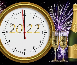 Data, Kieliszki, Zegar, Szampan, Nowy, 2022, Rok, Fajerwerki