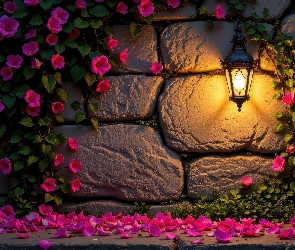 Mur, Świecący, Ściana, Kwiaty, Płatki, Purpurowe, Kwiatów, Lampion