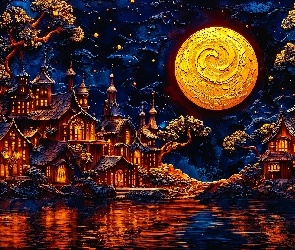 Domy, Księżyc, Noc, Drzewa, Grafika
