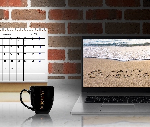 Laptop, Kubek, Styczeń, 2D, 2024, Kalendarz, Monitor, Napis, Happy New Year