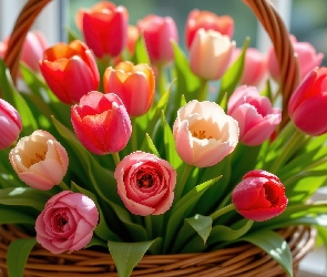 Koszyk, Tulipany, Kolorowe, Kwiaty